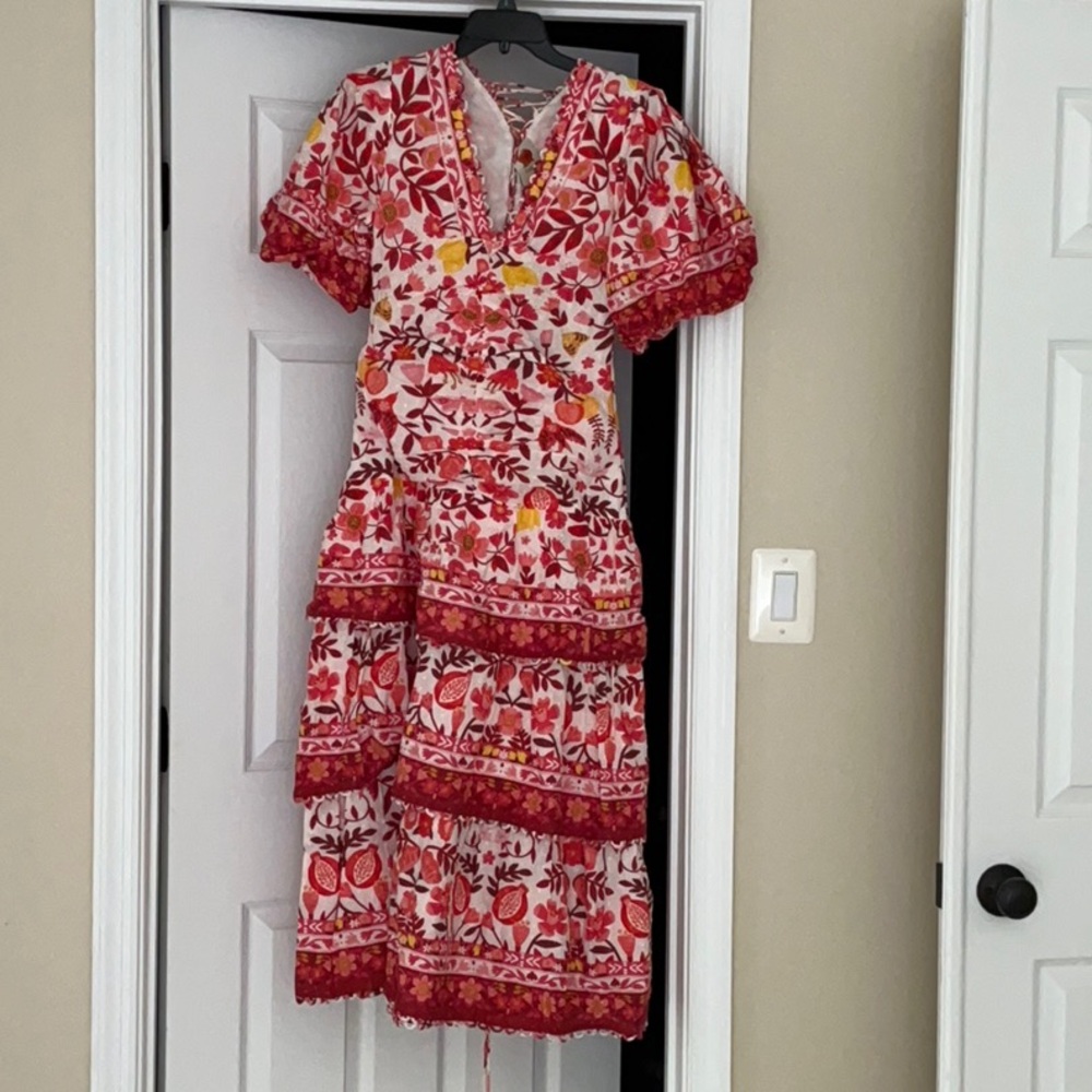 FARM Rio Red and White Flutter Sleeve Midi Sundress